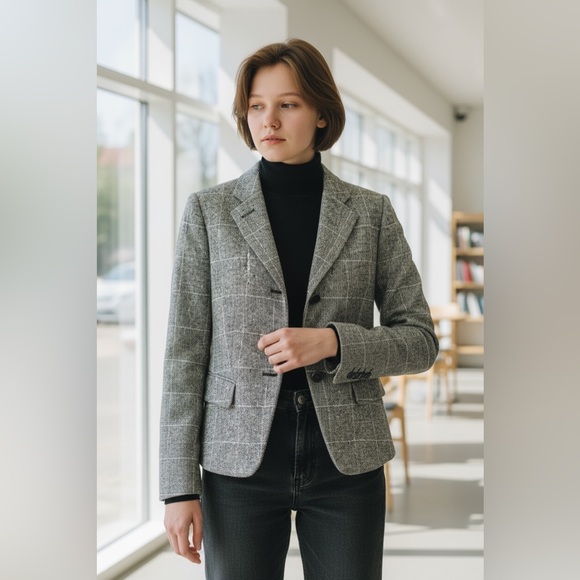 Giorgio Armani Women's Collezioni Checkered Plaid Gray Blazer - Picture 10 of 10